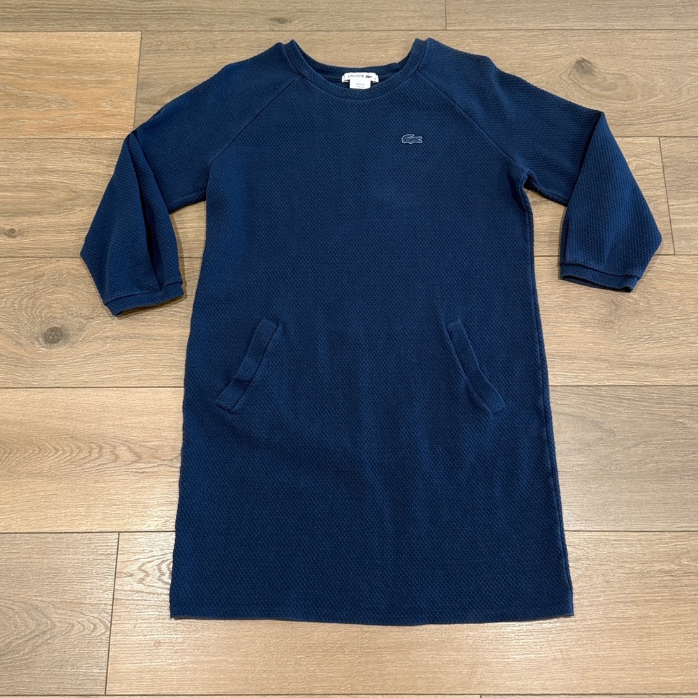 LACOSTE Dusty Blue Scoop Neck Quarter‎ Sleeve Textured Cotton Shift Dress Size L